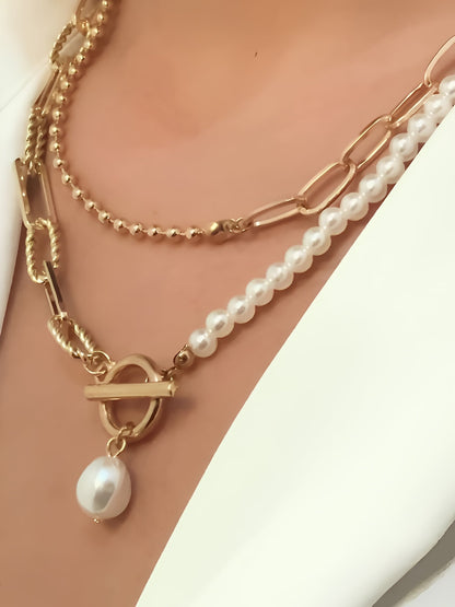 Trendy Layered Long Round Bead Chain Stacking Faux Adjustable Pearl Buckle Necklace