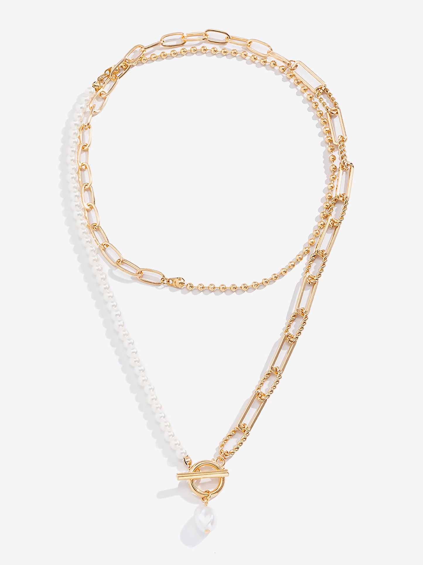 Trendy Layered Long Round Bead Chain Stacking Faux Adjustable Pearl Buckle Necklace