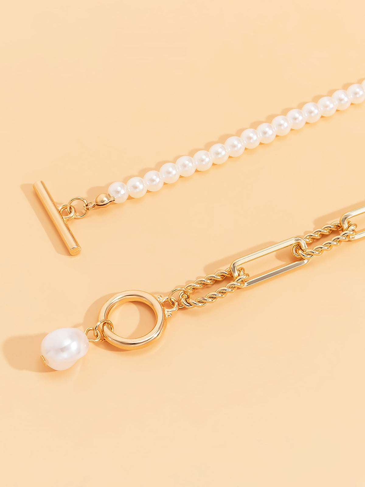 Trendy Layered Long Round Bead Chain Stacking Faux Adjustable Pearl Buckle Necklace