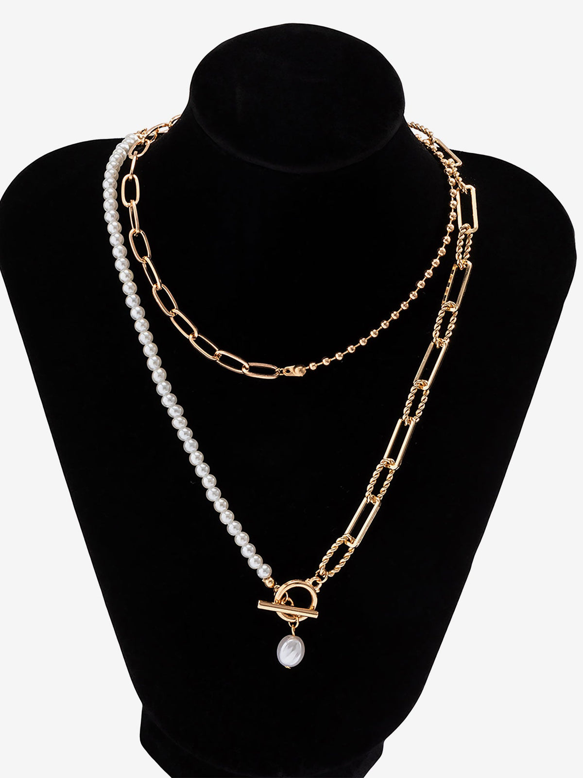 Trendy Layered Long Round Bead Chain Stacking Faux Adjustable Pearl Buckle Necklace