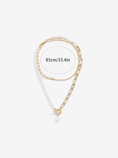 Trendy Layered Long Round Bead Chain Stacking Faux Adjustable Pearl Buckle Necklace