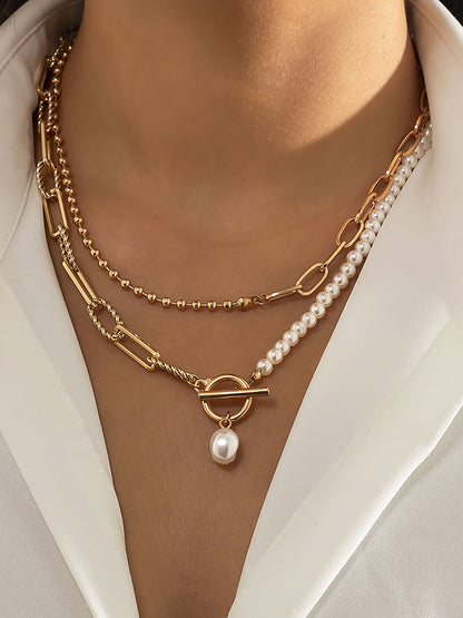Trendy Layered Long Round Bead Chain Stacking Faux Adjustable Pearl Buckle Necklace