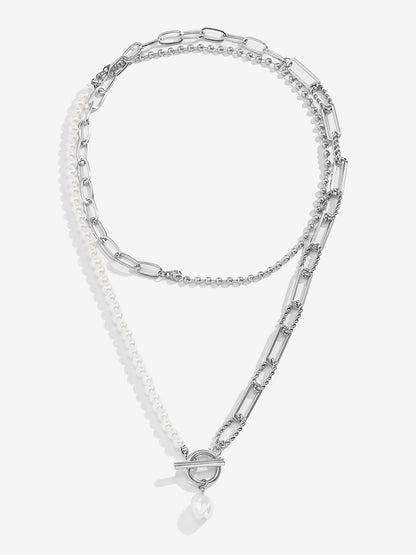 Trendy Layered Long Round Bead Chain Stacking Faux Adjustable Pearl Buckle Necklace