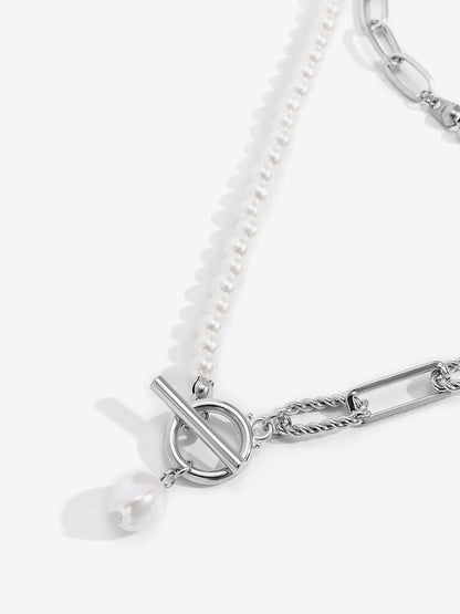 Trendy Layered Long Round Bead Chain Stacking Faux Adjustable Pearl Buckle Necklace