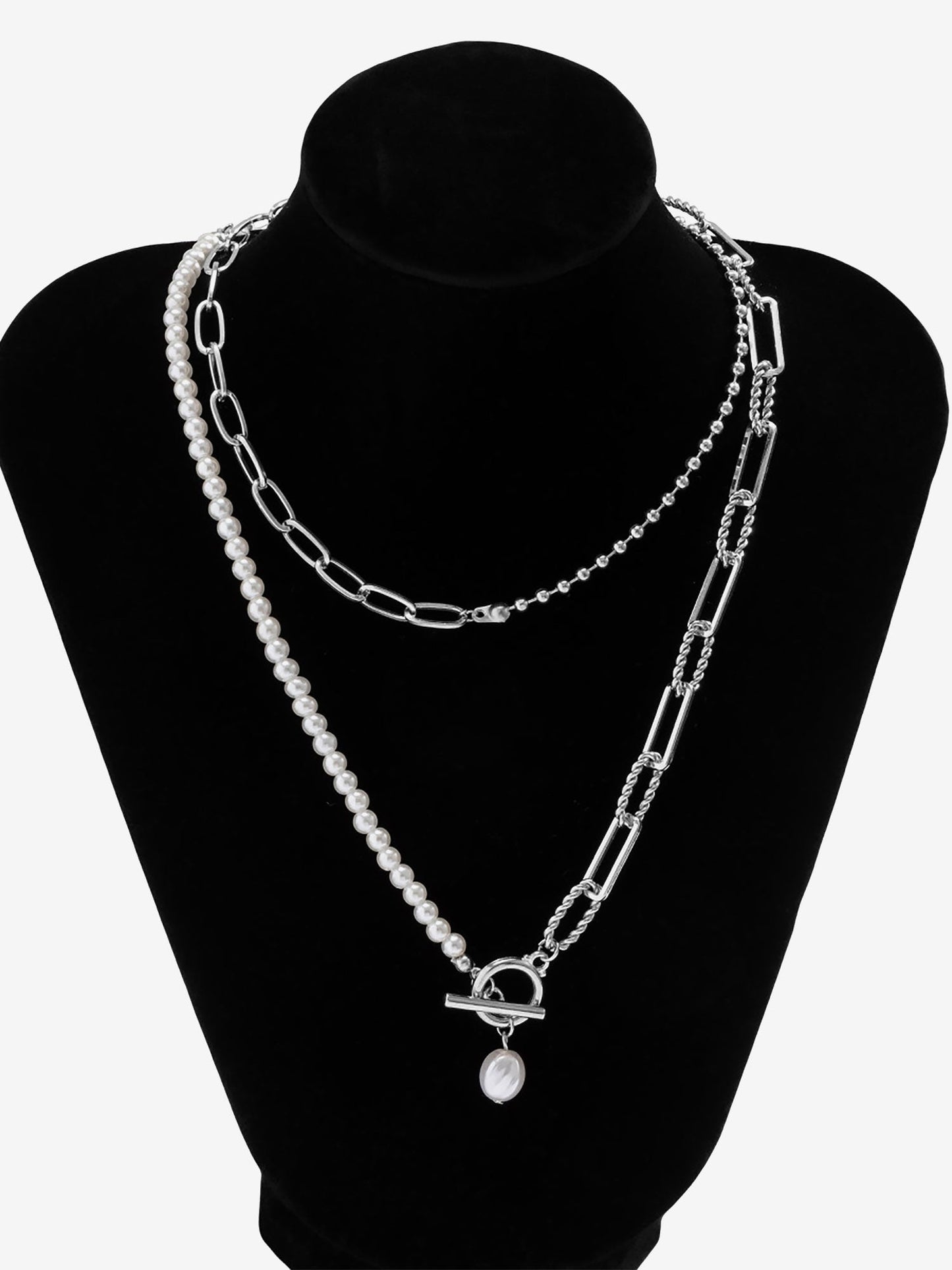 Trendy Layered Long Round Bead Chain Stacking Faux Adjustable Pearl Buckle Necklace