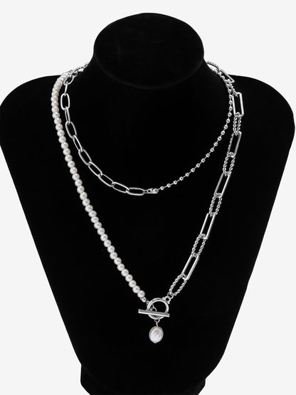 Trendy Layered Long Round Bead Chain Stacking Faux Adjustable Pearl Buckle Necklace