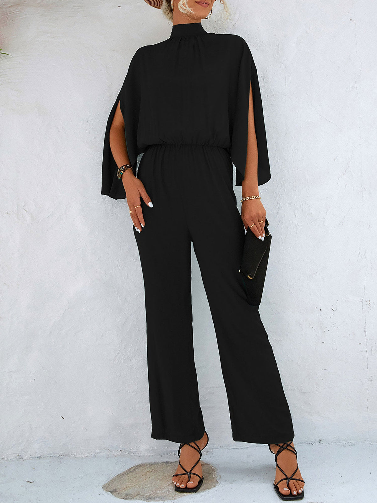 Elegant Solid Color Mock Tie Neck 3/4 Slit Sleeve Office Jumpsuits