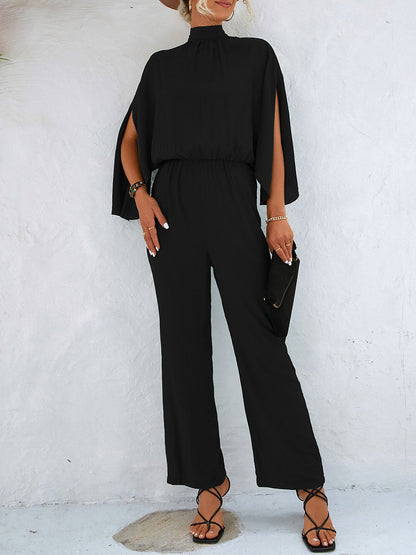 Elegant Solid Color Mock Tie Neck 3/4 Slit Sleeve Office Jumpsuits