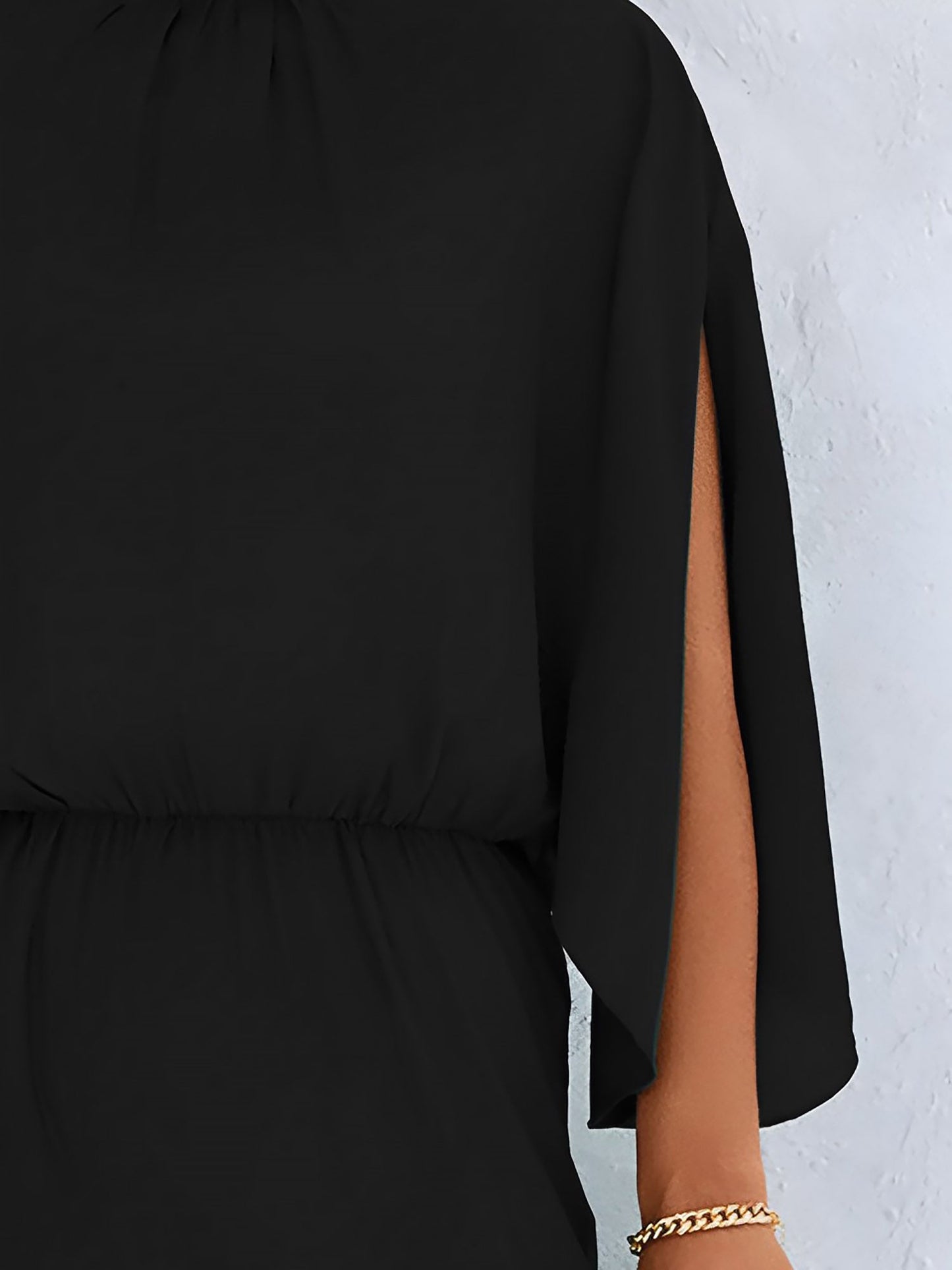 Elegant Solid Color Mock Tie Neck 3/4 Slit Sleeve Office Jumpsuits