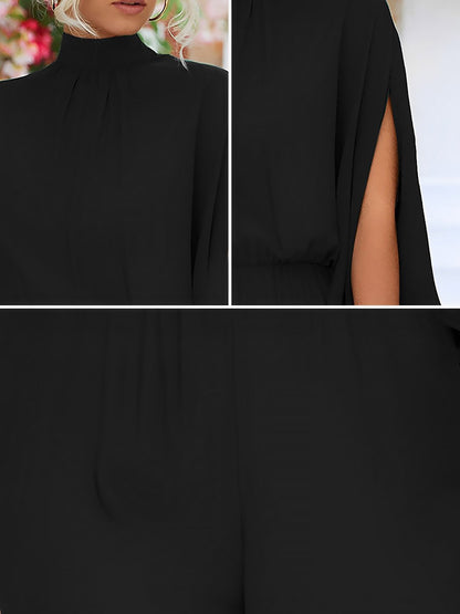 Elegant Solid Color Mock Tie Neck 3/4 Slit Sleeve Office Jumpsuits