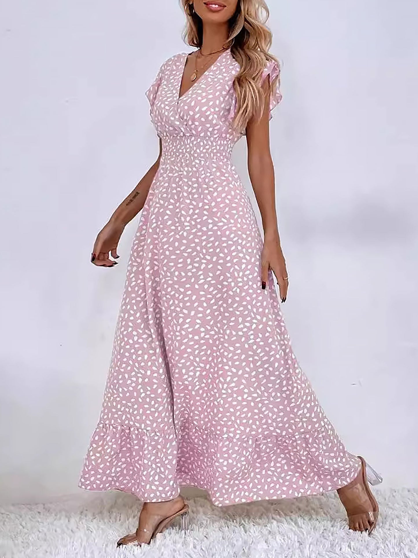 Dots Print Ruffled Cap Sleeves Smocked Waist Maxi Dress