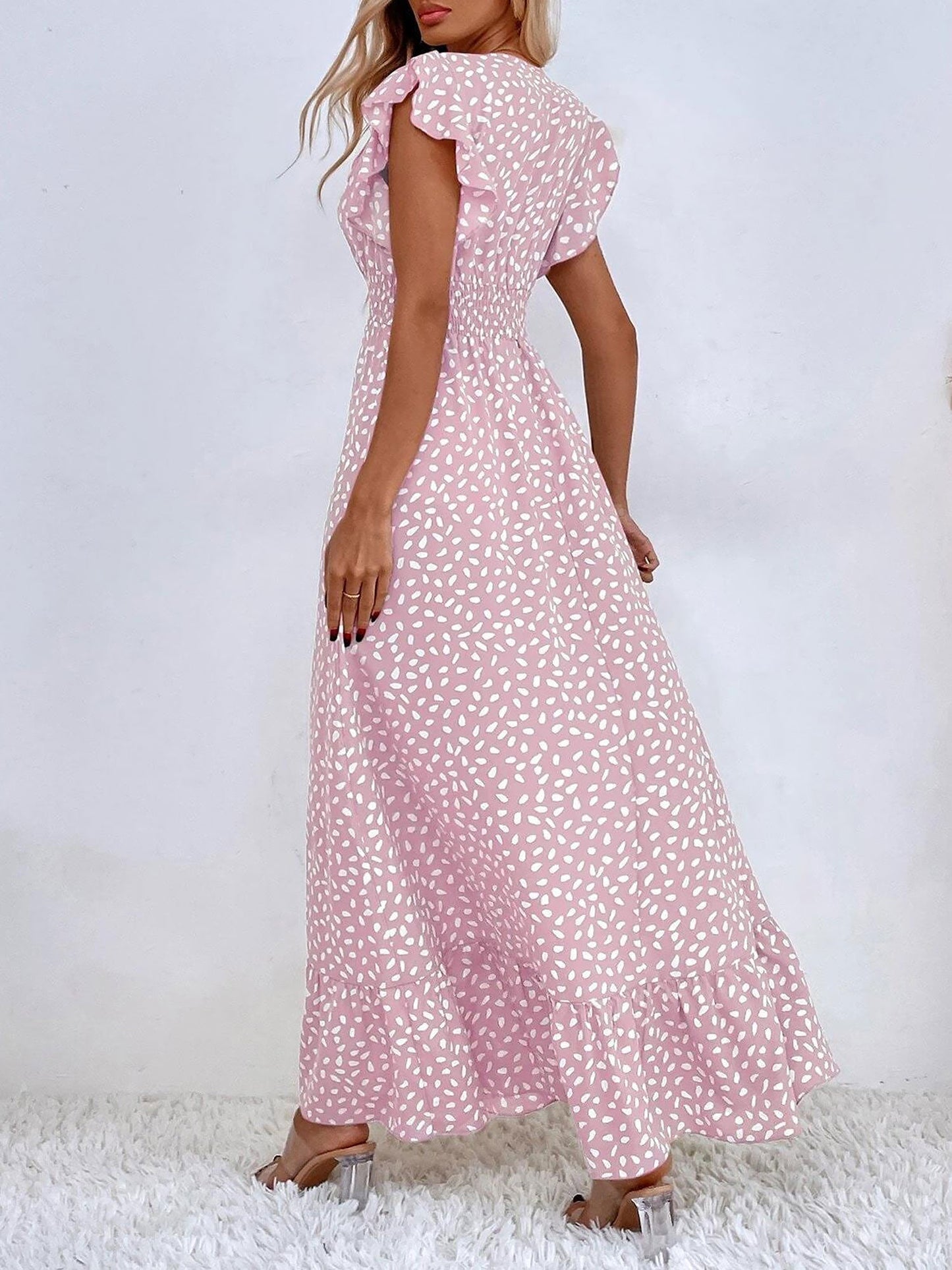 Dots Print Ruffled Cap Sleeves Smocked Waist Maxi Dress