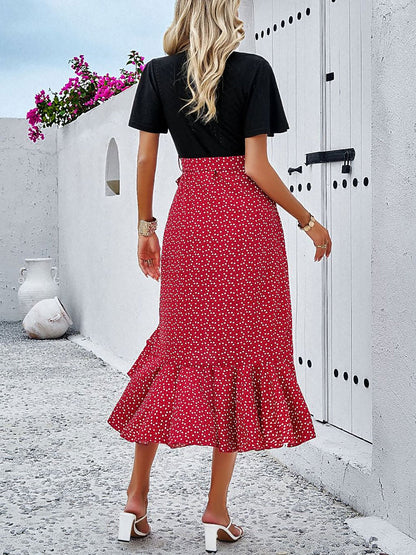 Boho-Chic Eyelet Short Sleeves Patchwork Floral Belted Hi-Lo Hem Midi Garden Party Dress