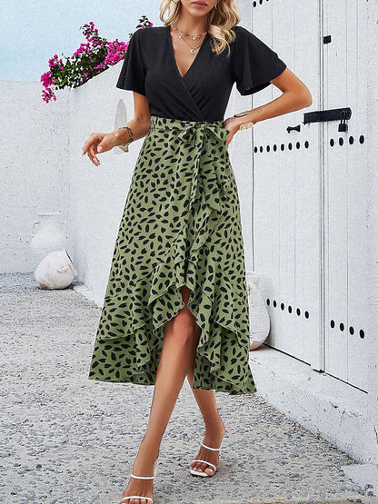 Boho-Chic Eyelet Short Sleeves Patchwork Floral Belted Hi-Lo Hem Midi Garden Party Dress