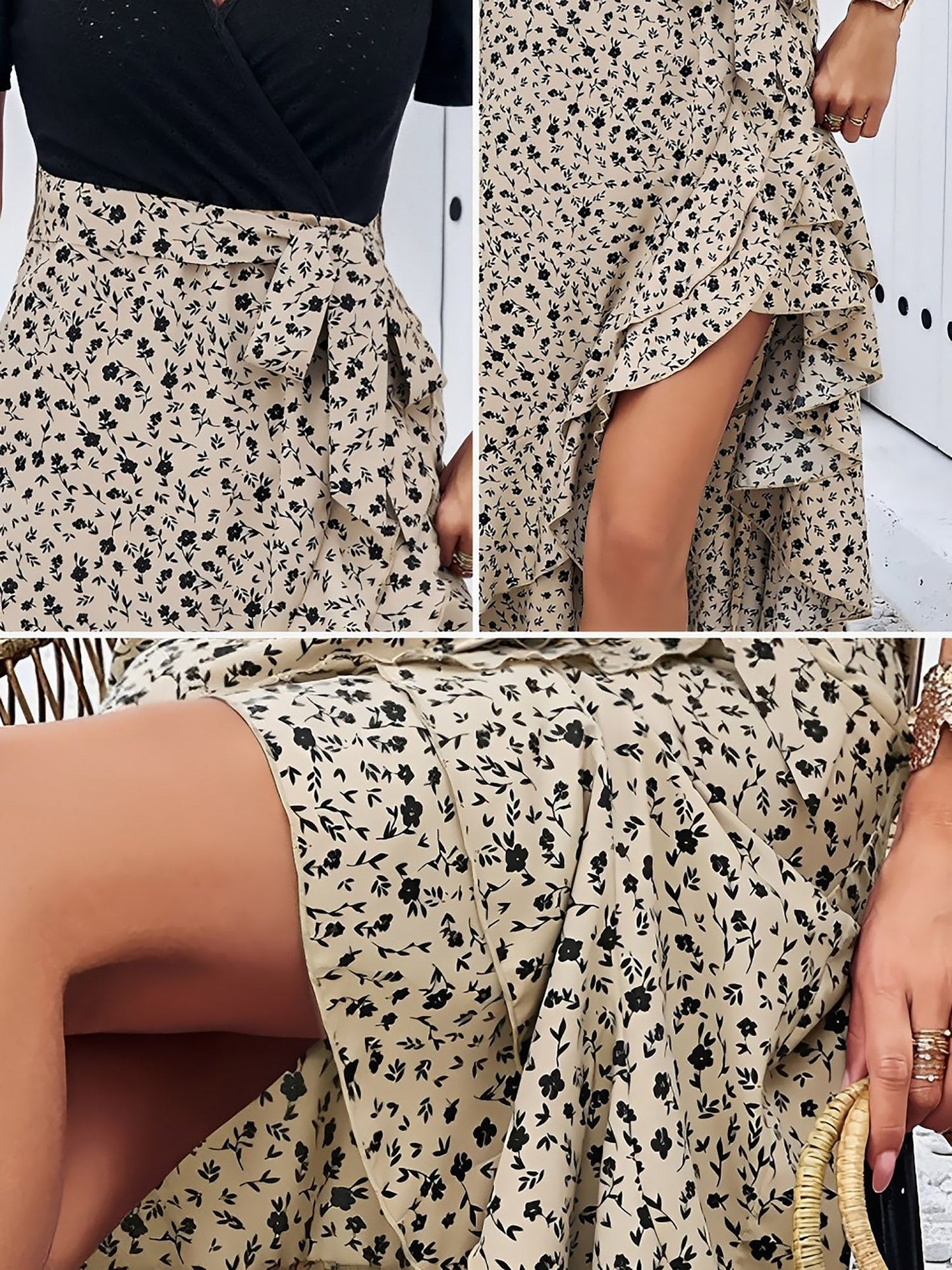 Boho-Chic Eyelet Short Sleeves Patchwork Floral Belted Hi-Lo Hem Midi Garden Party Dress