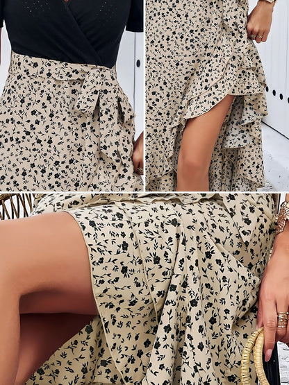 Boho-Chic Eyelet Short Sleeves Patchwork Floral Belted Hi-Lo Hem Midi Garden Party Dress