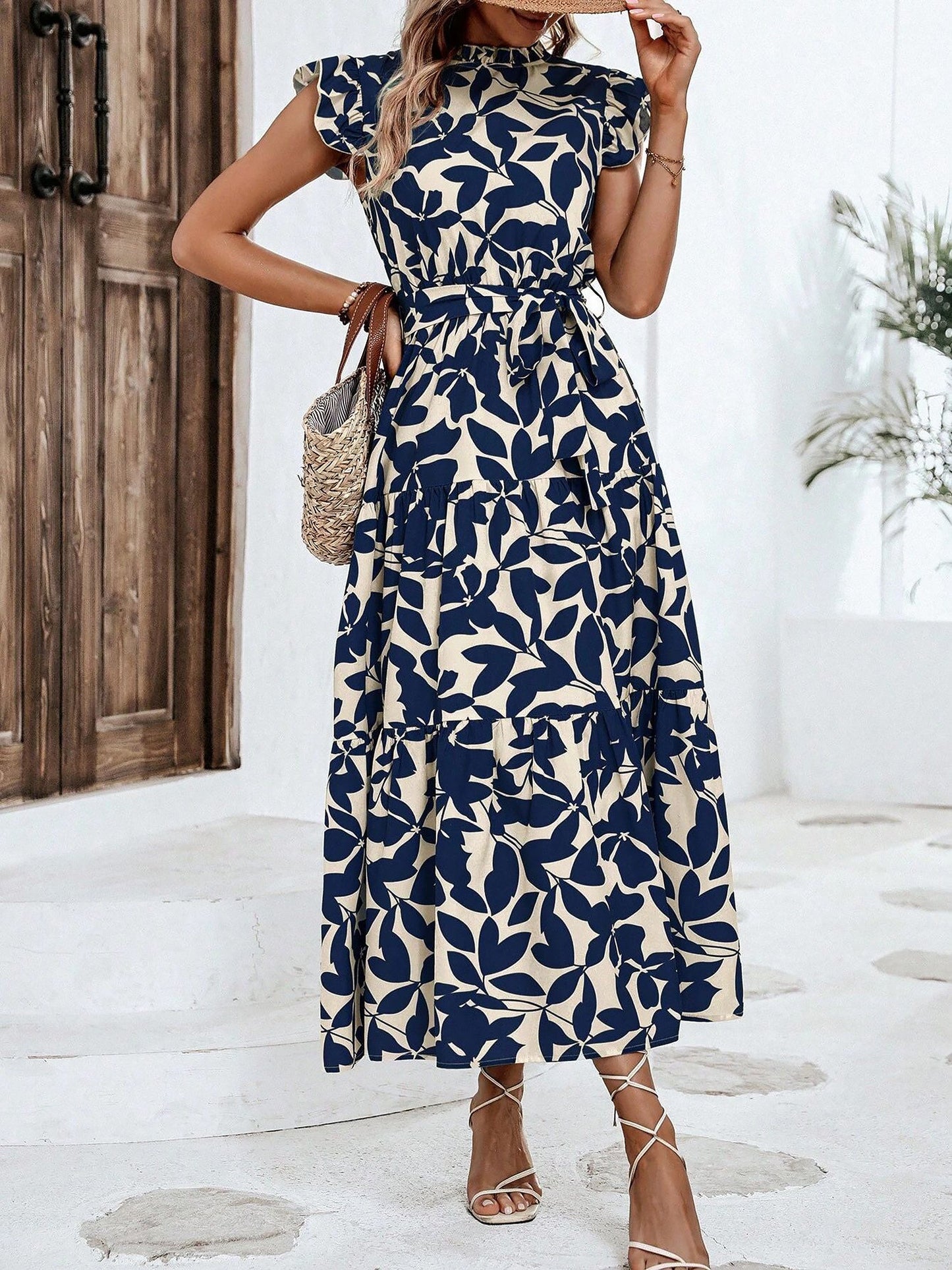 Flattering A-Line Ruffled Cap Sleeves Belted Floral Tiered for Garden Parties & Brunch Dates Maxi Dress