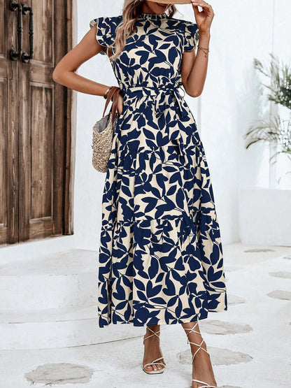 Flattering A-Line Ruffled Cap Sleeves Belted Floral Tiered for Garden Parties & Brunch Dates Maxi Dress