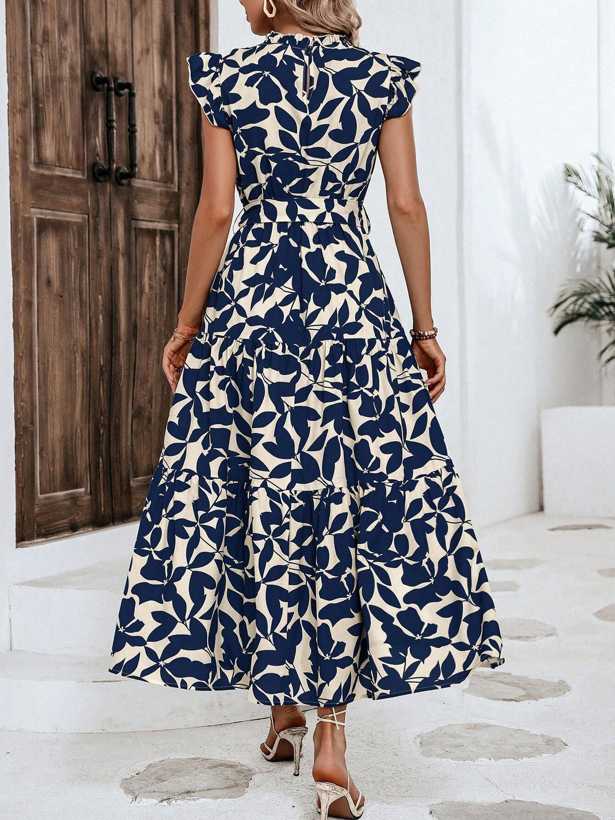 Flattering A-Line Ruffled Cap Sleeves Belted Floral Tiered for Garden Parties & Brunch Dates Maxi Dress