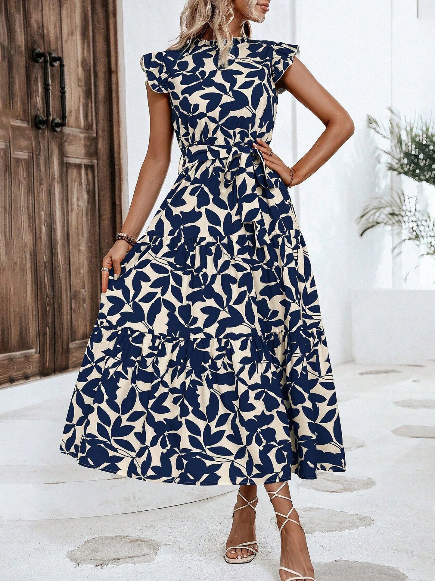 Flattering A-Line Ruffled Cap Sleeves Belted Floral Tiered for Garden Parties & Brunch Dates Maxi Dress