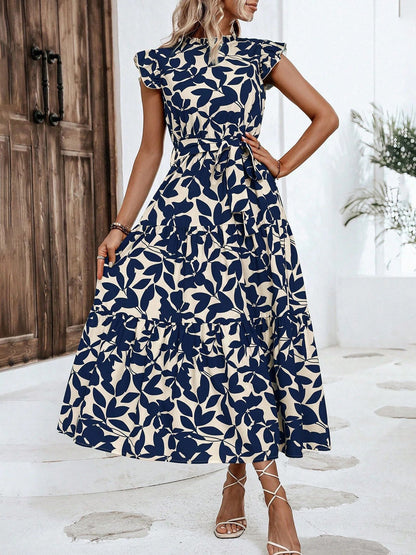 Flattering A-Line Ruffled Cap Sleeves Belted Floral Tiered for Garden Parties & Brunch Dates Maxi Dress
