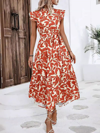 Flattering A-Line Ruffled Cap Sleeves Belted Floral Tiered for Garden Parties & Brunch Dates Maxi Dress