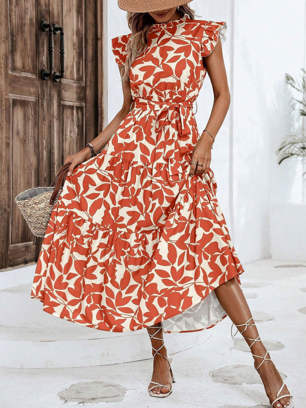 Flattering A-Line Ruffled Cap Sleeves Belted Floral Tiered for Garden Parties & Brunch Dates Maxi Dress