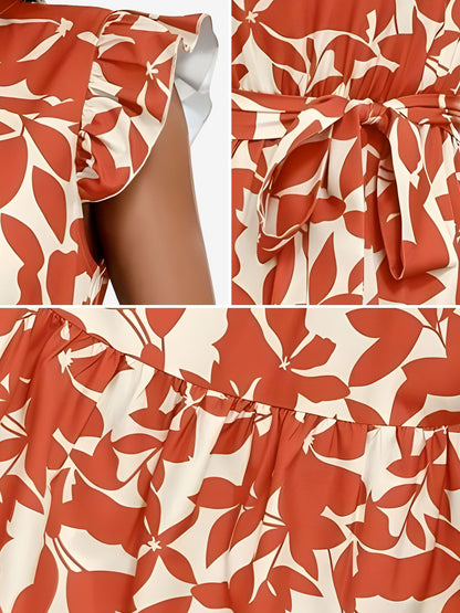 Flattering A-Line Ruffled Cap Sleeves Belted Floral Tiered for Garden Parties & Brunch Dates Maxi Dress