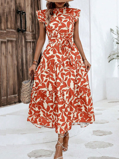 Flattering A-Line Ruffled Cap Sleeves Belted Floral Tiered for Garden Parties & Brunch Dates Maxi Dress