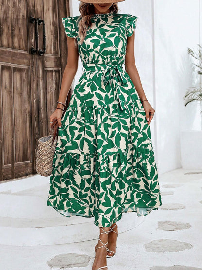 Flattering A-Line Ruffled Cap Sleeves Belted Floral Tiered for Garden Parties & Brunch Dates Maxi Dress