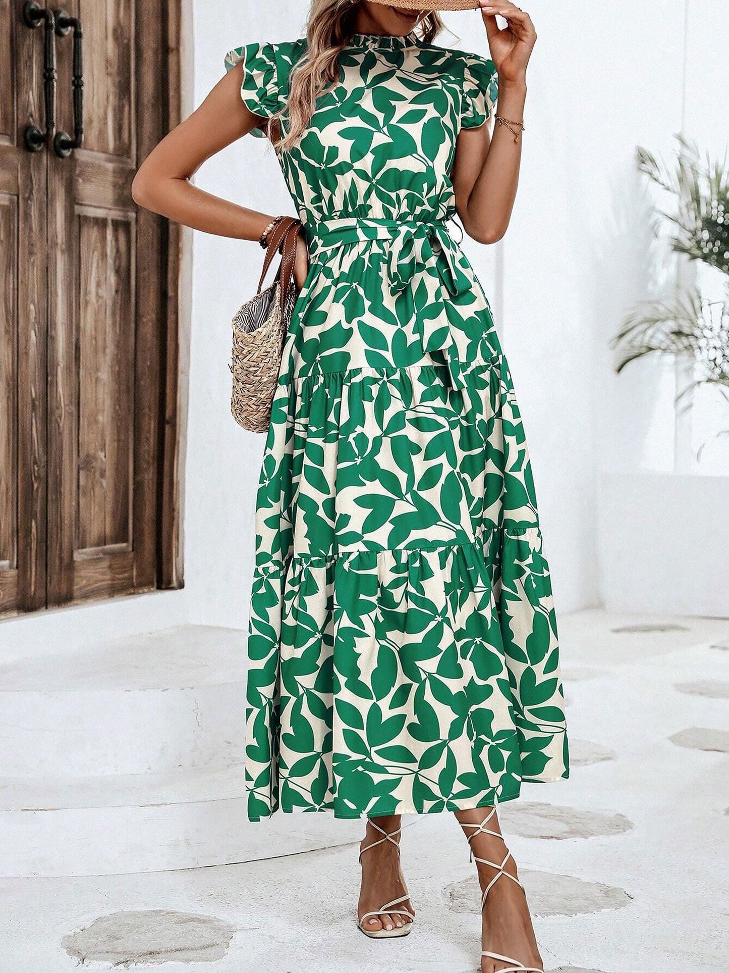 Flattering A-Line Ruffled Cap Sleeves Belted Floral Tiered for Garden Parties & Brunch Dates Maxi Dress