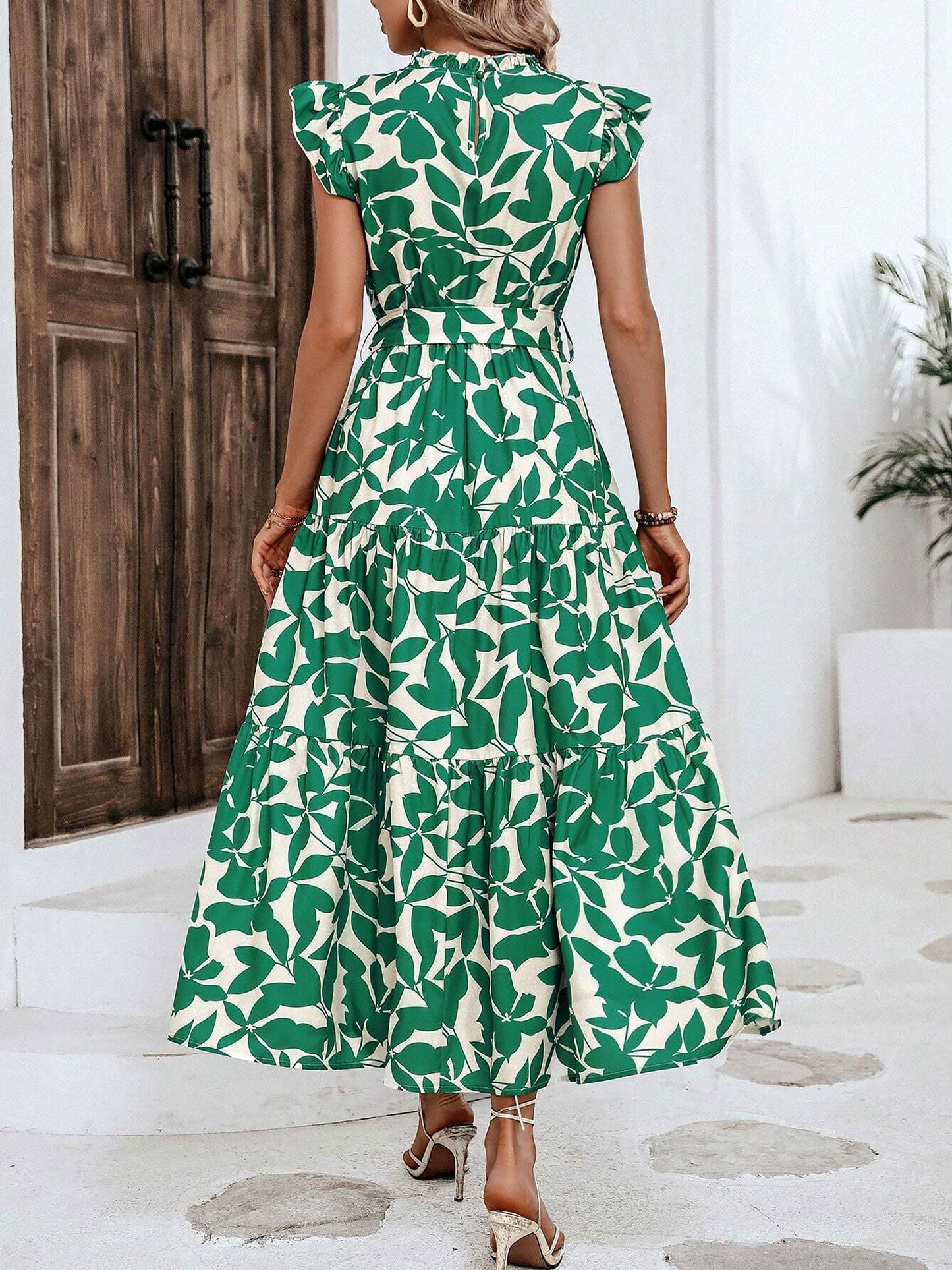 Flattering A-Line Ruffled Cap Sleeves Belted Floral Tiered for Garden Parties & Brunch Dates Maxi Dress