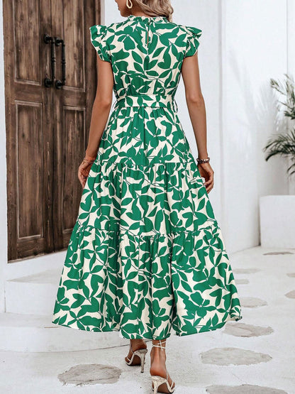 Flattering A-Line Ruffled Cap Sleeves Belted Floral Tiered for Garden Parties & Brunch Dates Maxi Dress