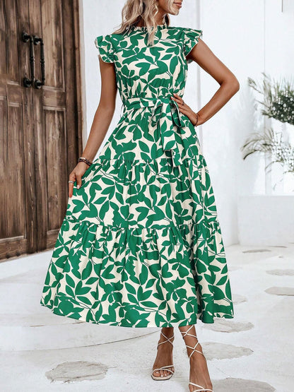 Flattering A-Line Ruffled Cap Sleeves Belted Floral Tiered for Garden Parties & Brunch Dates Maxi Dress