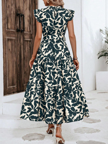Flattering A-Line Ruffled Cap Sleeves Belted Floral Tiered for Garden Parties & Brunch Dates Maxi Dress