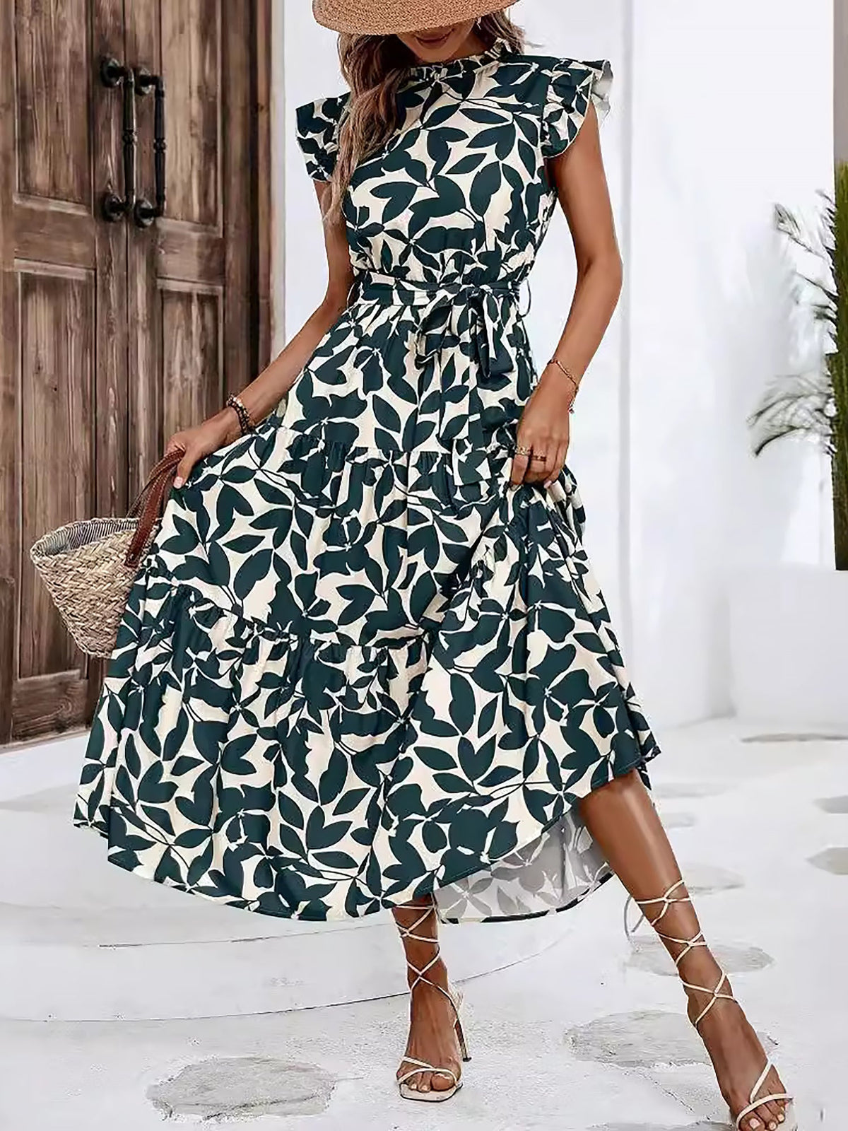 Flattering A-Line Ruffled Cap Sleeves Belted Floral Tiered for Garden Parties & Brunch Dates Maxi Dress