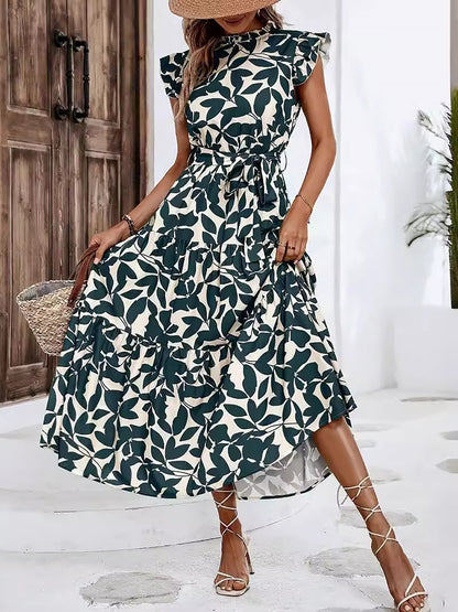 Flattering A-Line Ruffled Cap Sleeves Belted Floral Tiered for Garden Parties & Brunch Dates Maxi Dress