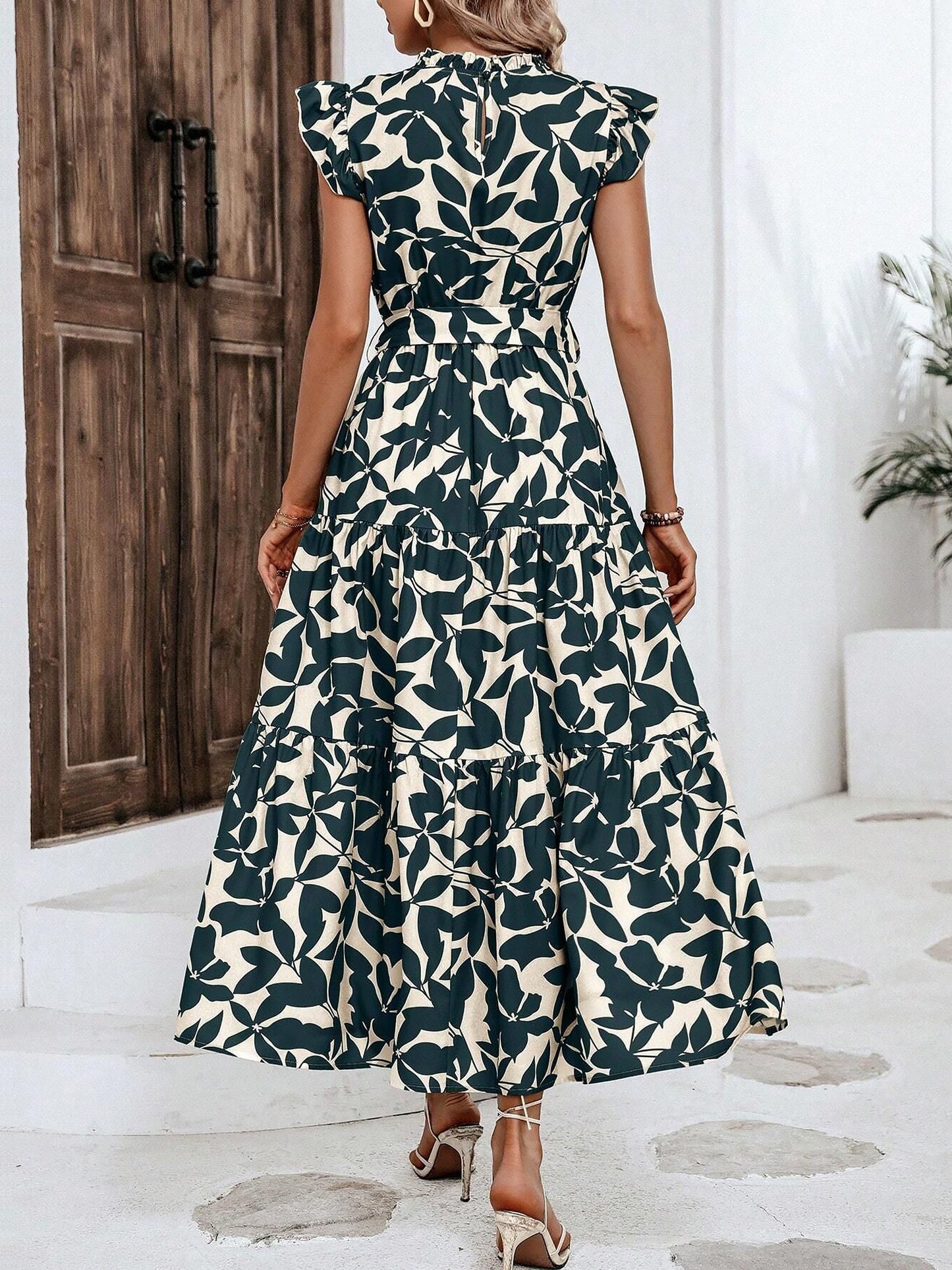 Flattering A-Line Ruffled Cap Sleeves Belted Floral Tiered for Garden Parties & Brunch Dates Maxi Dress