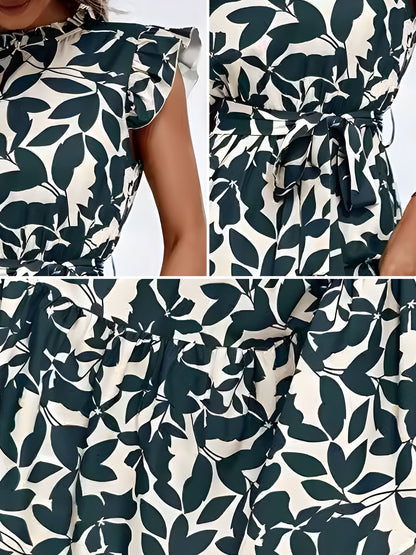 Flattering A-Line Ruffled Cap Sleeves Belted Floral Tiered for Garden Parties & Brunch Dates Maxi Dress