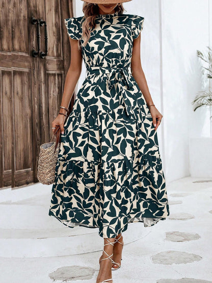 Flattering A-Line Ruffled Cap Sleeves Belted Floral Tiered for Garden Parties & Brunch Dates Maxi Dress