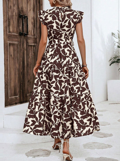 Flattering A-Line Ruffled Cap Sleeves Belted Floral Tiered for Garden Parties & Brunch Dates Maxi Dress