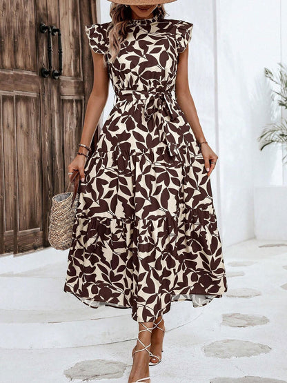 Flattering A-Line Ruffled Cap Sleeves Belted Floral Tiered for Garden Parties & Brunch Dates Maxi Dress