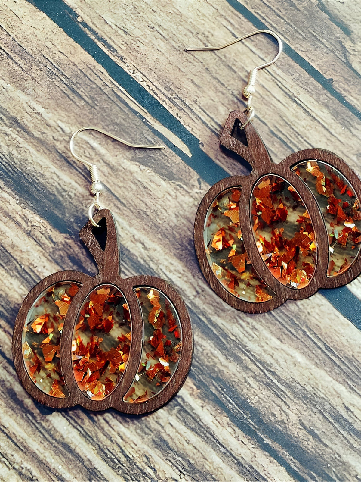 Festive Dangle Halloween Wooden Pumpkin Inlay Sparkling Acrylic Sequins Earrings