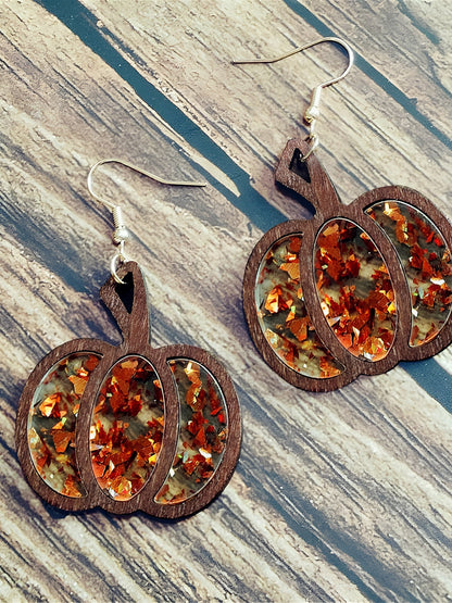 Festive Dangle Halloween Wooden Pumpkin Inlay Sparkling Acrylic Sequins Earrings