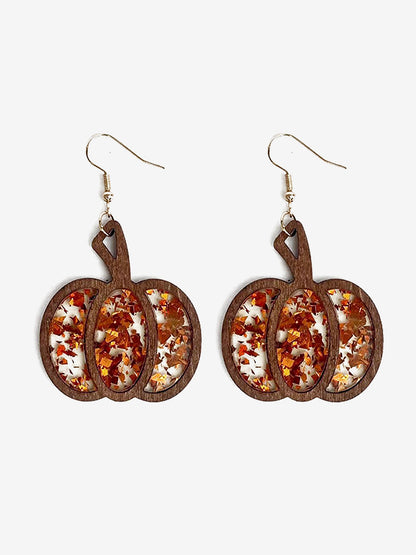 Festive Dangle Halloween Wooden Pumpkin Inlay Sparkling Acrylic Sequins Earrings
