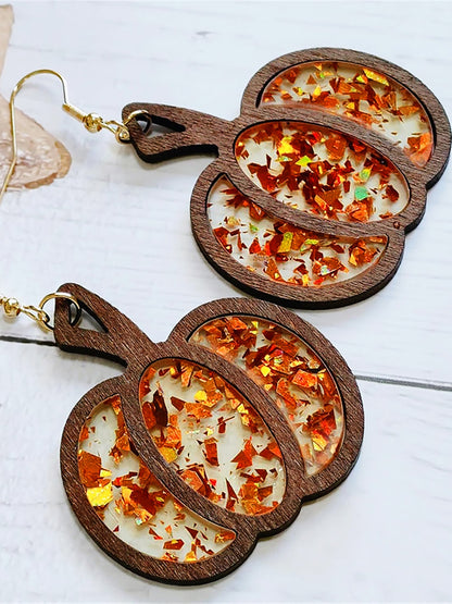 Festive Dangle Halloween Wooden Pumpkin Inlay Sparkling Acrylic Sequins Earrings