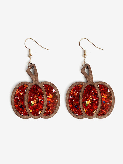 Festive Dangle Halloween Wooden Pumpkin Inlay Sparkling Acrylic Sequins Earrings