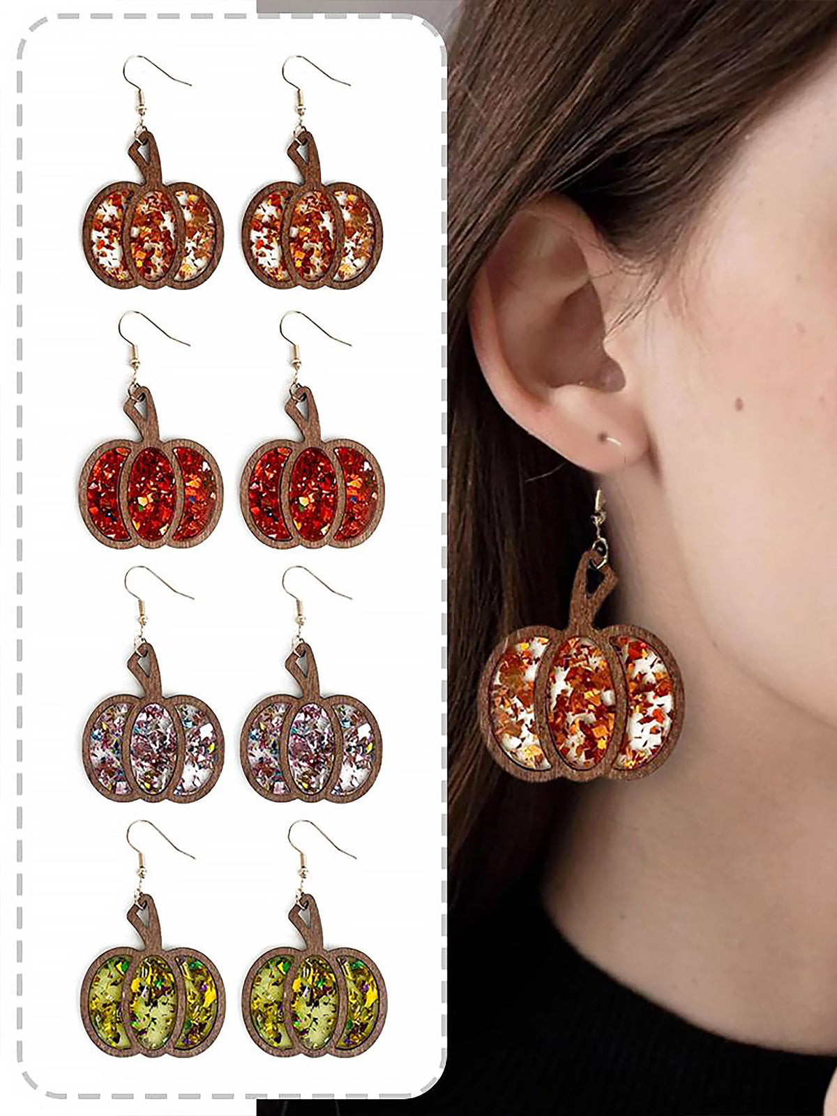 Festive Dangle Halloween Wooden Pumpkin Inlay Sparkling Acrylic Sequins Earrings