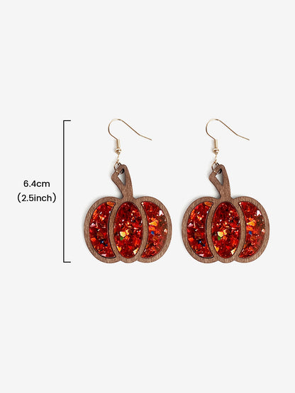 Festive Dangle Halloween Wooden Pumpkin Inlay Sparkling Acrylic Sequins Earrings