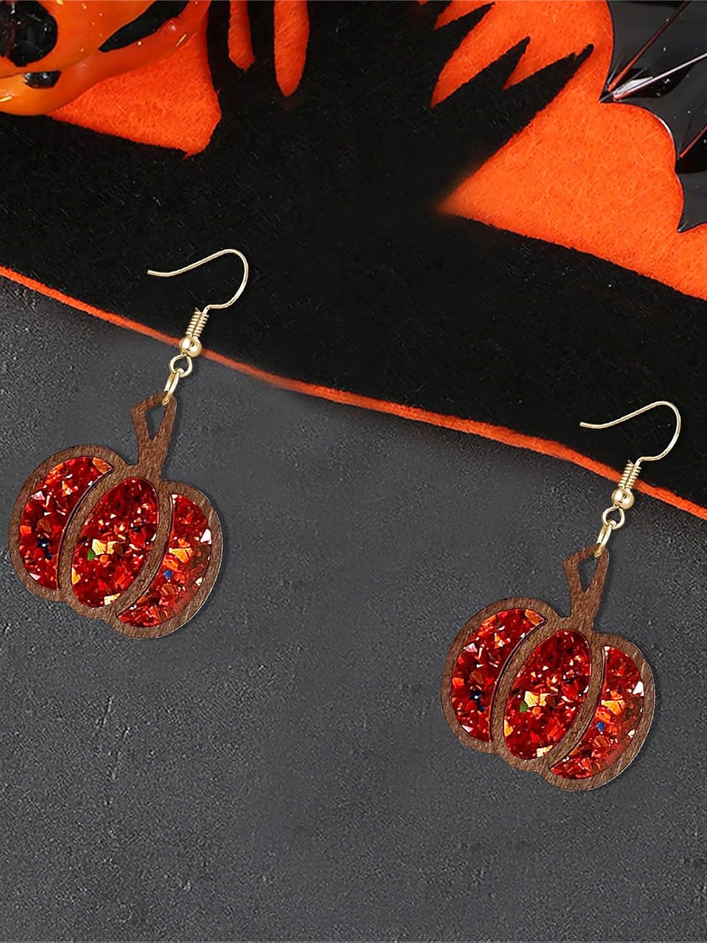 Festive Dangle Halloween Wooden Pumpkin Inlay Sparkling Acrylic Sequins Earrings